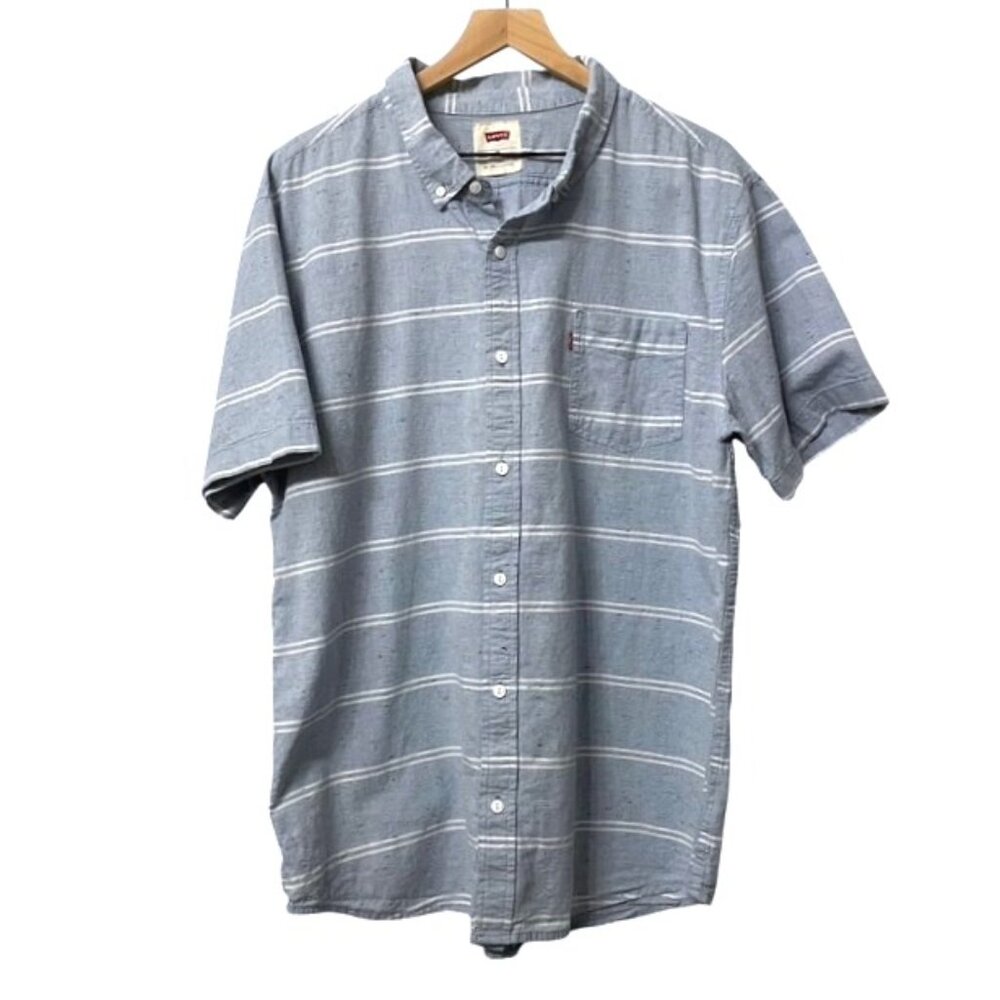 Men's Levi's Blue Striped Button Down Short Sleeve Shirt Chest Pocket XXL